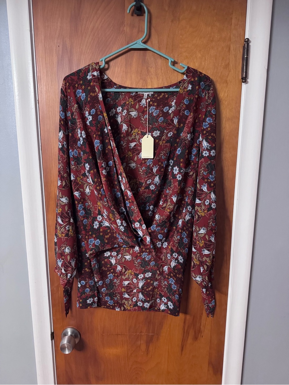JODIFL Burgundy Floral Wrap-Style Blouse